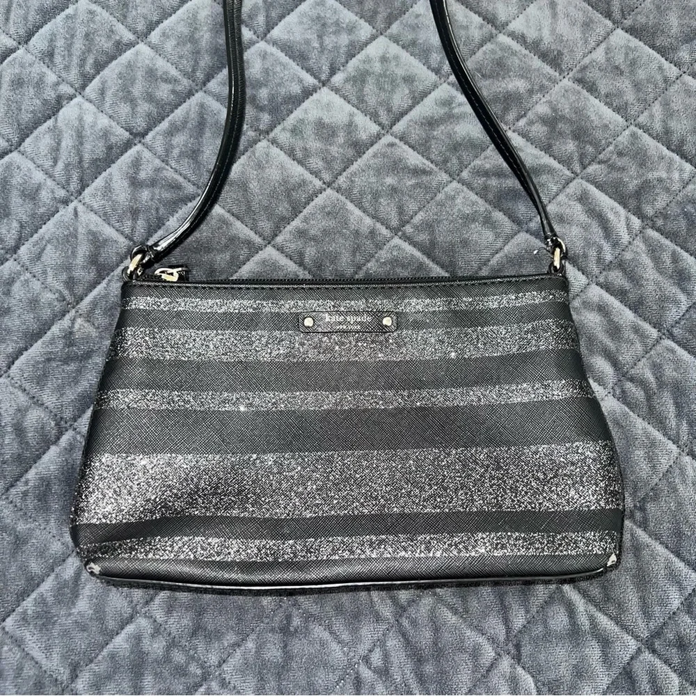 Kate Spade Crossbody Purse Bag Black Shimmery Sparkle Stripe Small Rectangle